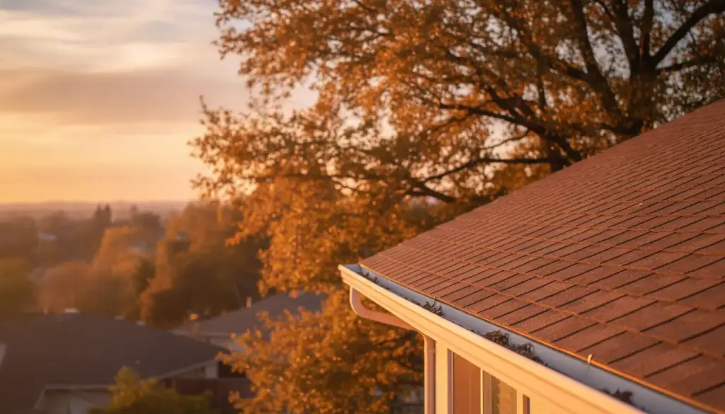 Asphalt shingle roof edge and gutter line in low afternoon light